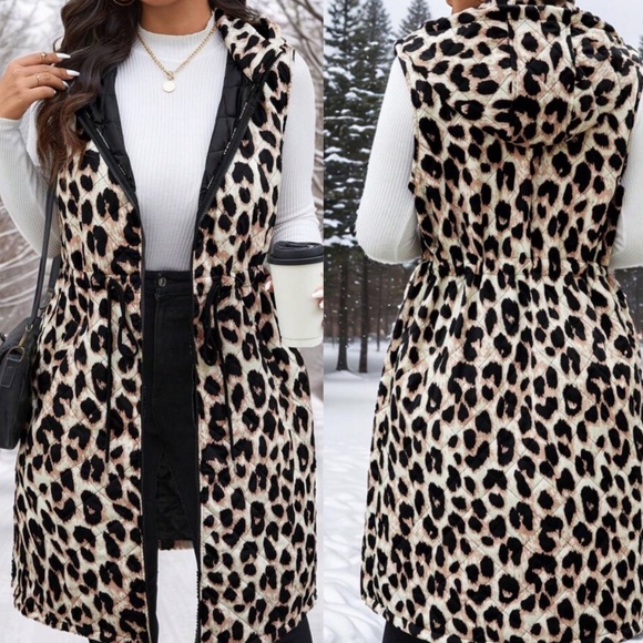 Plus Leopard Print Lined Drawstring Waist Hoodie Vest - Picture 4 of 4